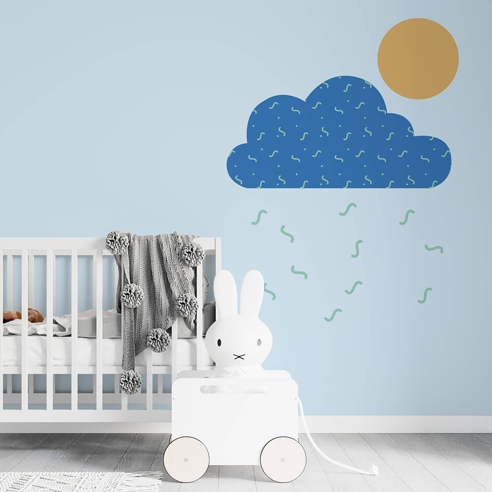 IL PLEUT IL MOUILLE multi bleu bassinette blanche pompon gris lapin